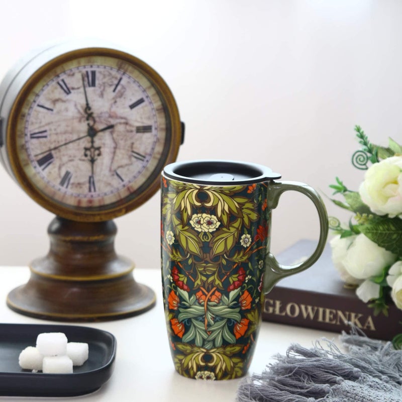 TZSSP Coffee Ceramic Mug Porcelain Latte Tea Cup With Lid 17oz. Green - Image 1